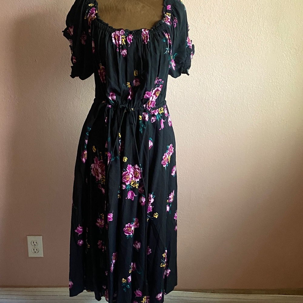 Torrid Black Midi Dress with Pink Floral Design - Picture 2 of 10
